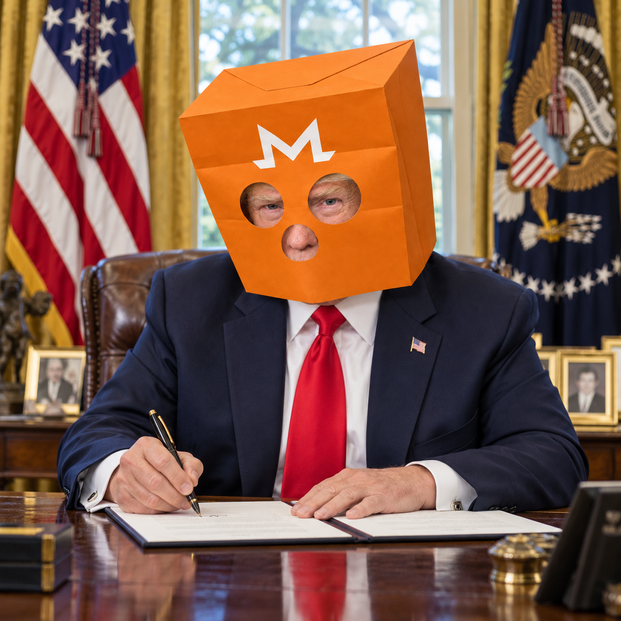 Mysterious Trump in an orange bag mask signing a document at his desk